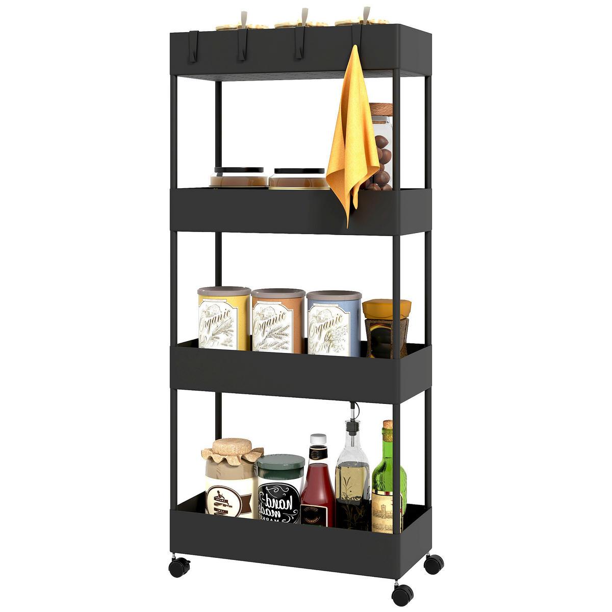 KÜCHENWAGEN DE-08487 4 Regale mit Haken und Rollen Schwarz - Schwarz, Kunststoff (19/90/40cm) - ComfortXL