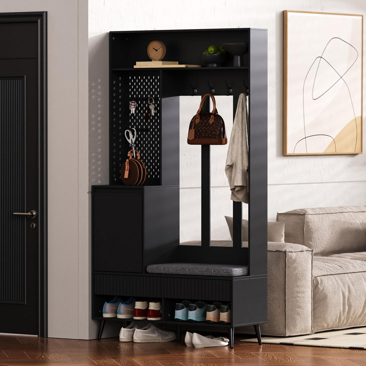 GARDEROBENSET 100/35/180 cm mit Sitzbank, 2 Schubladen, Schrank und 4 Haken aus MDF, Schwarz - Schwarz, Holzwerkstoff (100/180/35cm) - Redom
