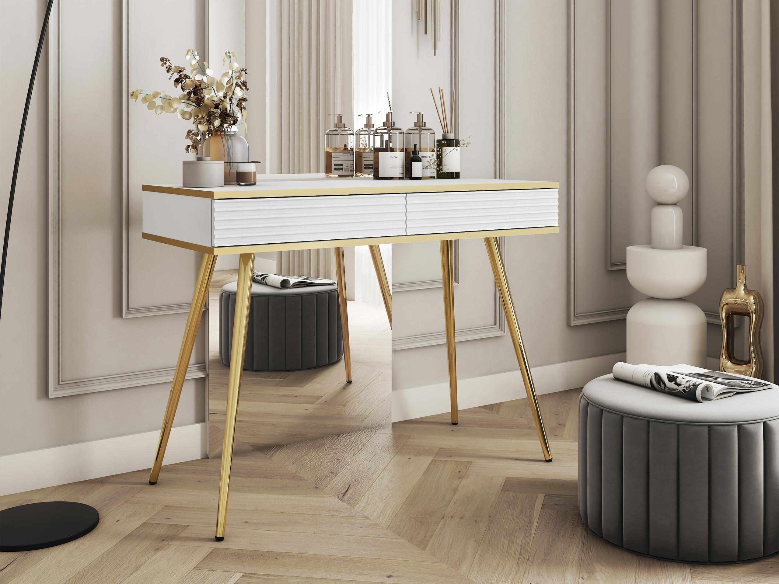 SCHMINKTISCH Oro T102 - Goldfarben/Weiß, Holzwerkstoff/Metall (50/102/80cm) - MIRJAN24