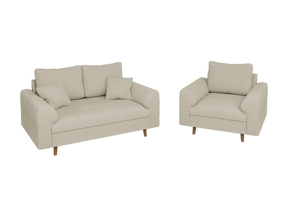 SITZGARNITUR 2+1 Alma Beige Cord - Beige/Braun, Holz/Textil (150/81/93cm) - S-Style Möbel
