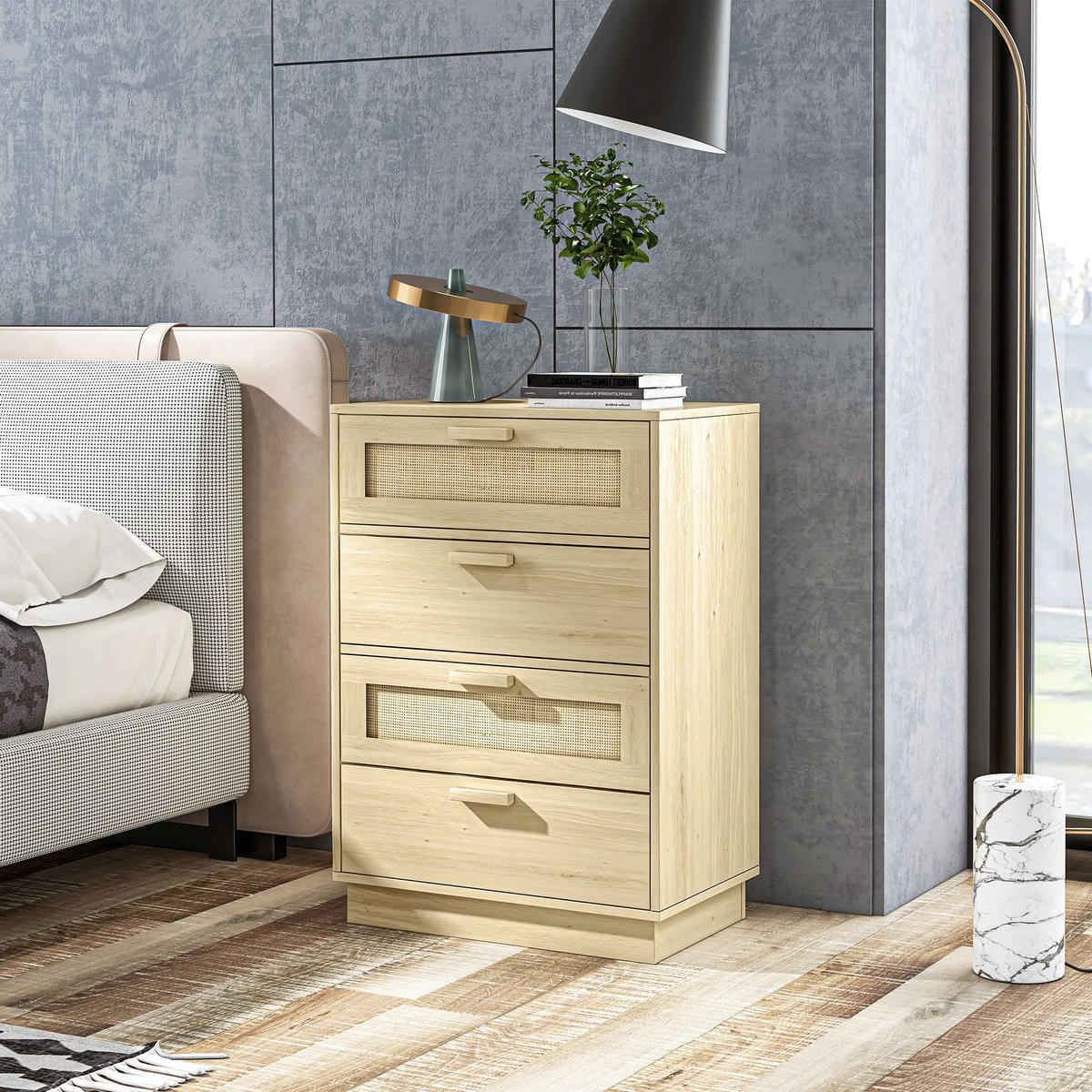 KOMMODE Naturfarben 4 Schubladen Rattan-Optik 60/38/88,5 cm - Naturfarben, Holzwerkstoff (60/88.5/38cm) - PANGIVO