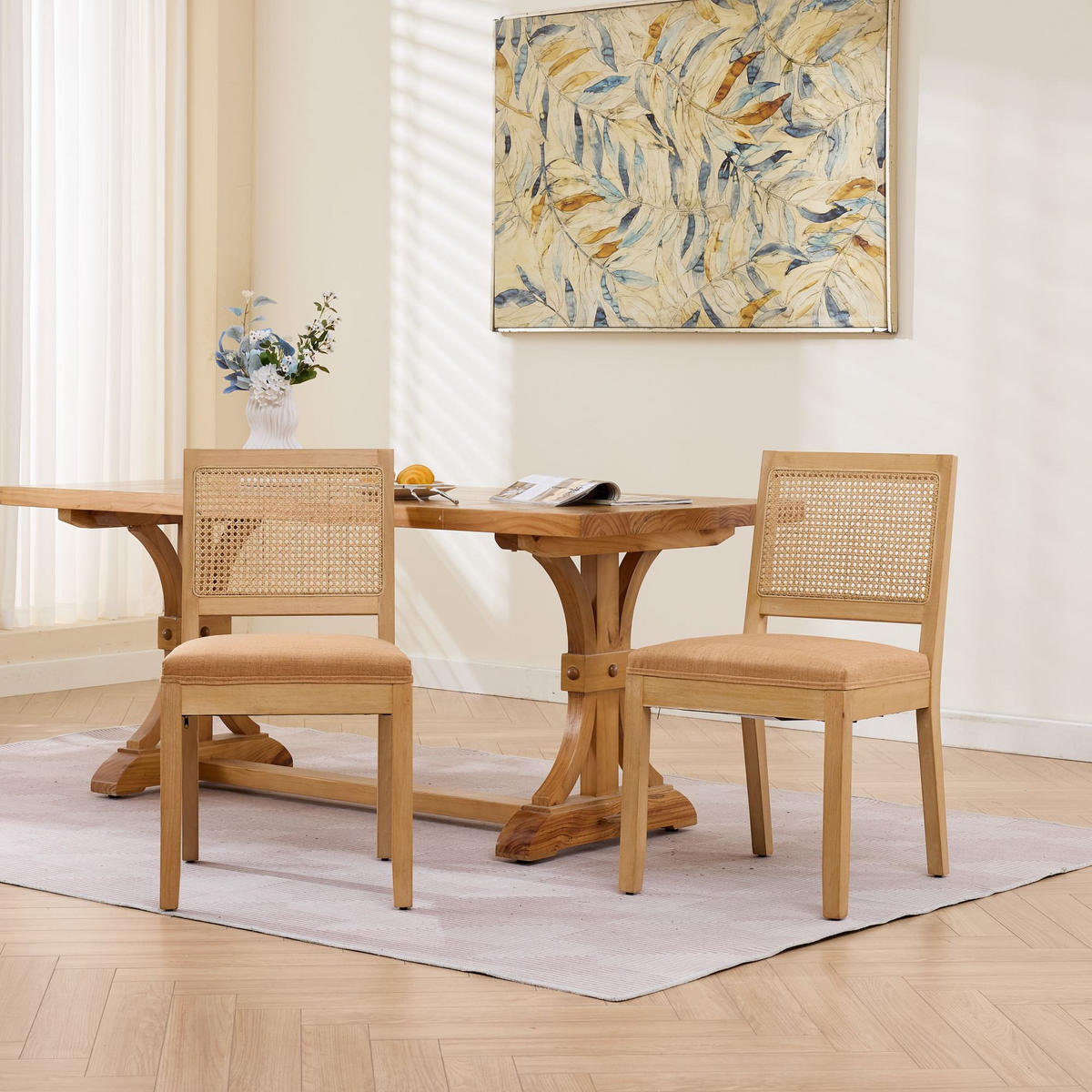 STUHL-SET DE-36363 2 Stück mit Rattan-Rückenlehne Beige - Cognac, Holz (48/86.5/56cm) - ComfortXL