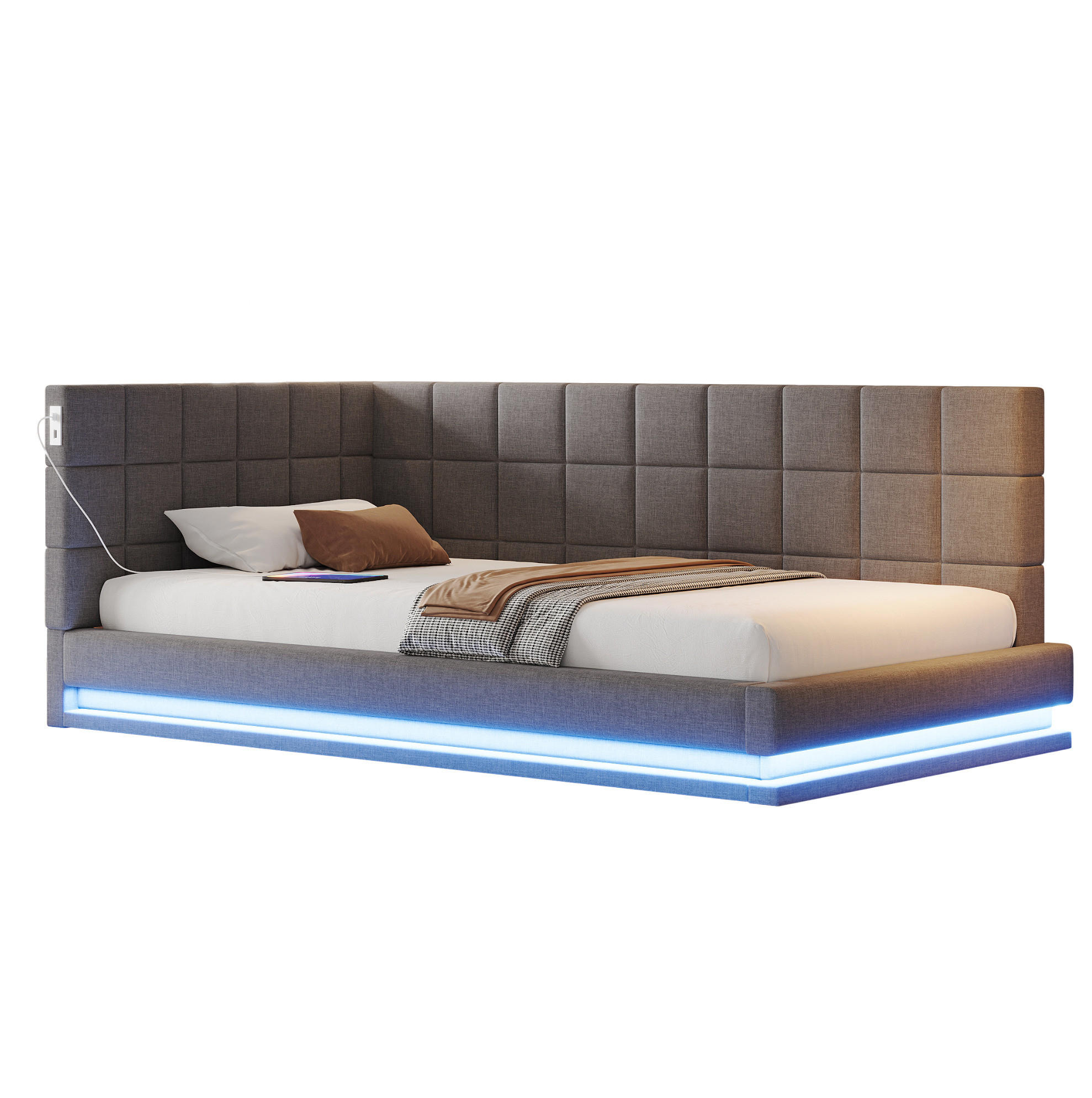 Modfu ČALOUNĚNÁ postel z lnu 90x200 cm šedá s LED osvětlením, USB portem a lamelovým roštem