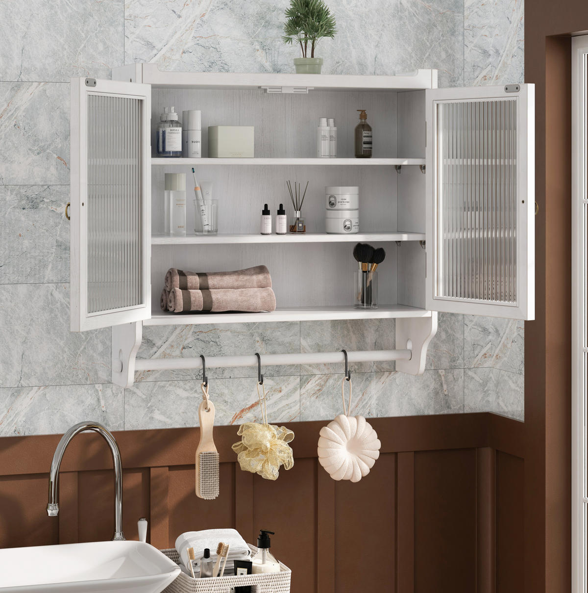 KÜCHENOBERSCHRANK 63/60/18 cm mit Glastüren, 3 Ebenen und Handtuchhalter aus Massivholz und MDF, White Washed - Weiß, Holz (63/60/18cm) - Redom