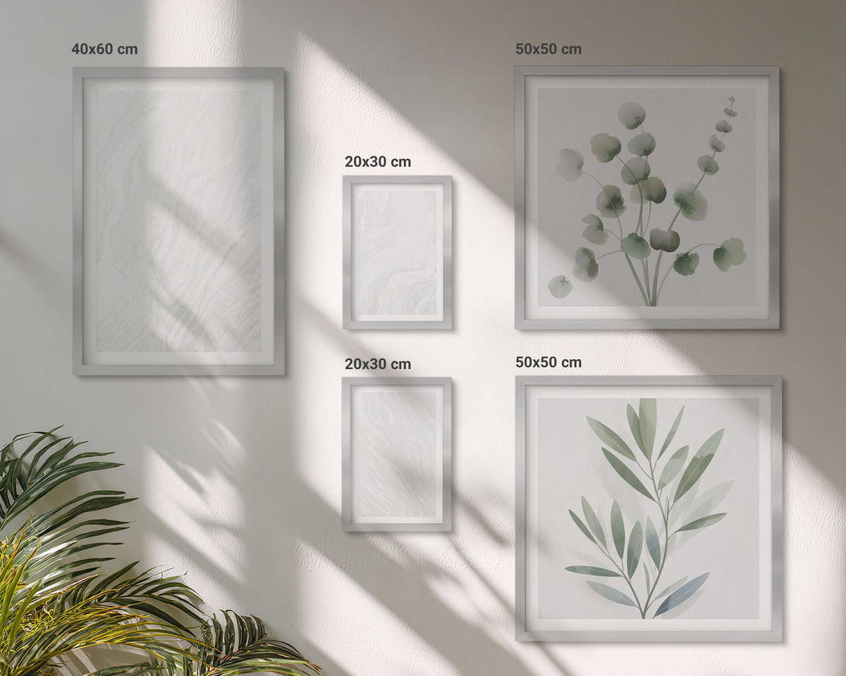 BILDER SET 5er Set - 50x50 cm & 20x30 cm & 40x60 cm Silberner Rahmen - Marmorstruktur, pastellfarbene Zweige - Silberfarben, Kunststoff (40/60cm) - TULUP