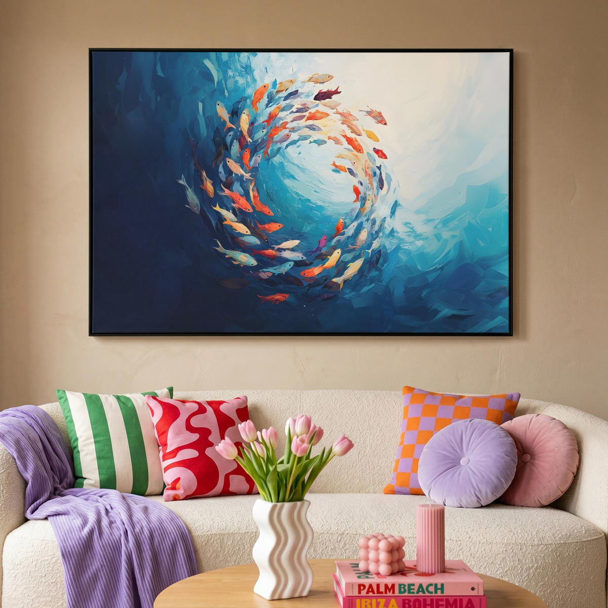 LEINWAND Bilder mit Rahmen - Meer - Fische - Bunt - Dynamisch - 150x100 - Hellblau, Textil (150/100cm) - MuchoWow