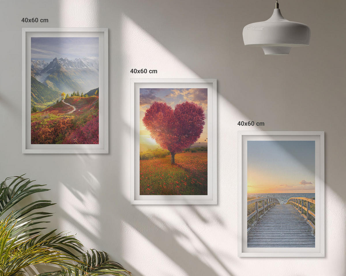 BILDER SET 3er Set - 40x60 cm Weißer Rahmen - Landschaften Berge Baum Herz Pier - Weiß, Kunststoff (40/60cm) - TULUP