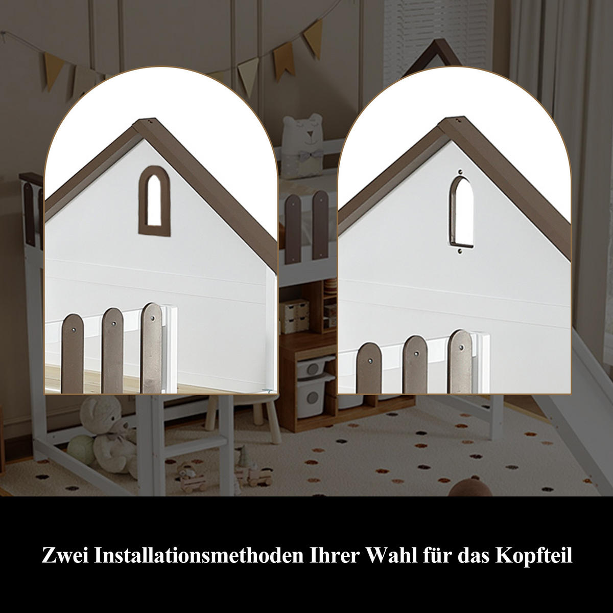 HAUSBETT 90/200 cm Weiß/Walnuss aus Kiefernholz und MDF mit Rutsche - Weiß, Holzwerkstoff (90/200cm) - OKMYHOME