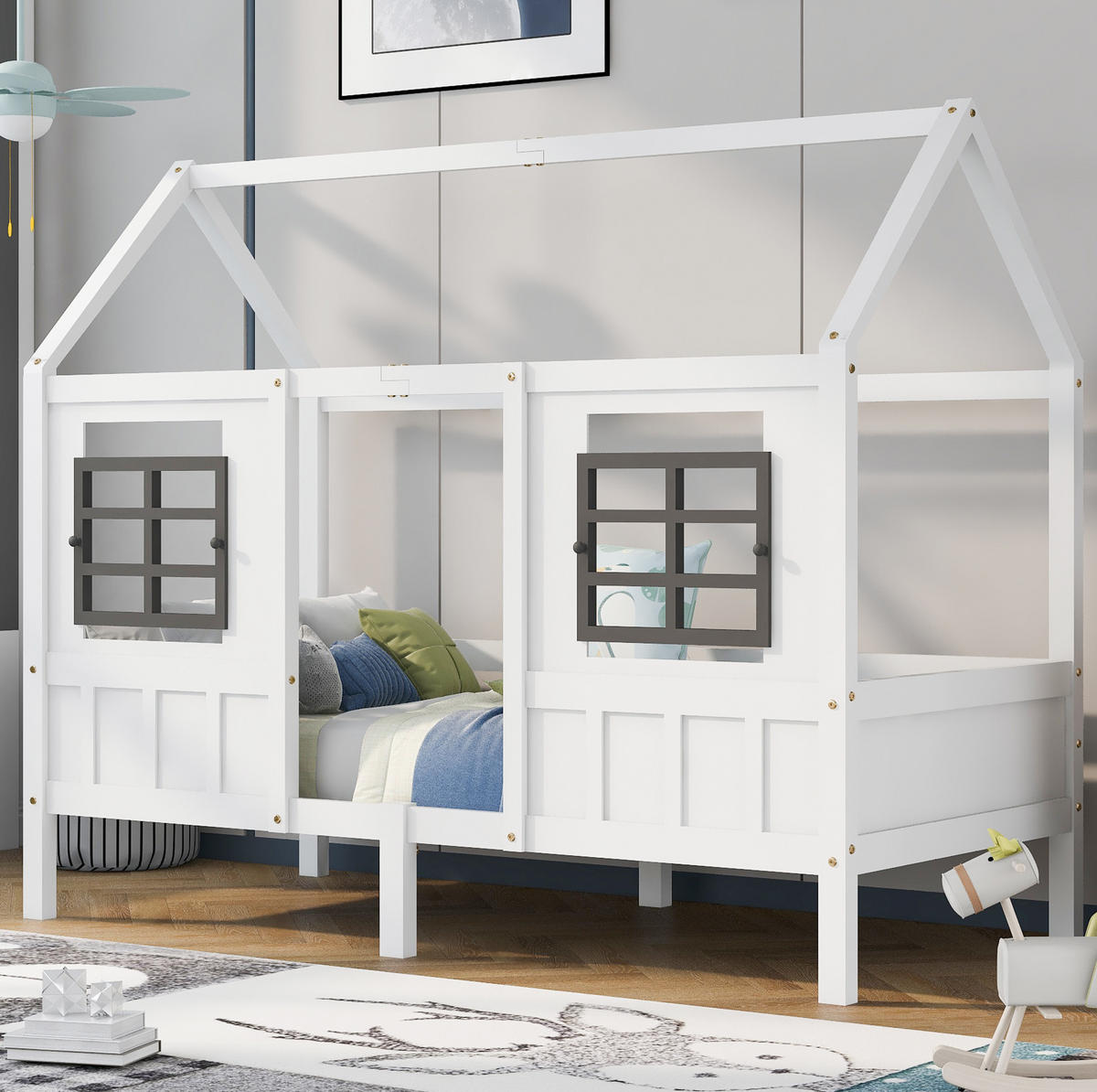 KINDERBETT 90/200 cm in Hausform mit 2 Fenstern und Rundumschutz aus Kiefer und MDF, Weiß - Weiß, Holzwerkstoff (90/200cm) - Redom