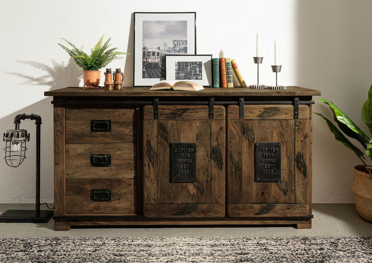 SIDEBOARD Mango 150x45x80 braun lackiert RAILWAY #400 - Braun, Holz (150/80/45cm) - Massivmoebel24