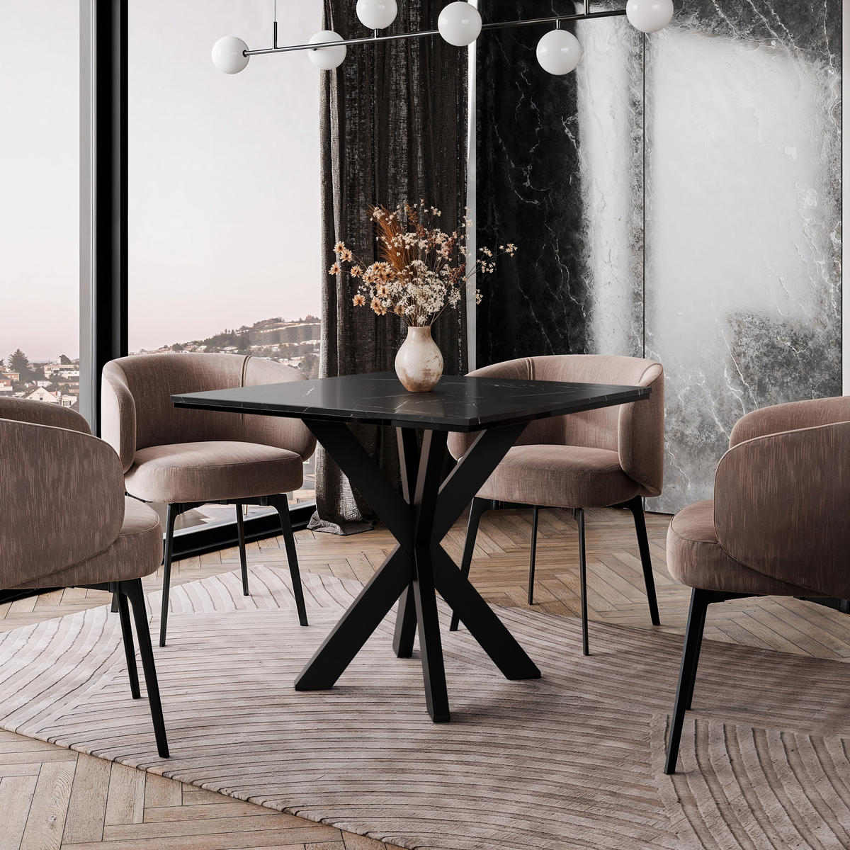 ESSTISCH 90 cm Schwarzen Marmor-Optik - Schwarz Hochglanz, Metall (90/90/77cm) - Home Collective