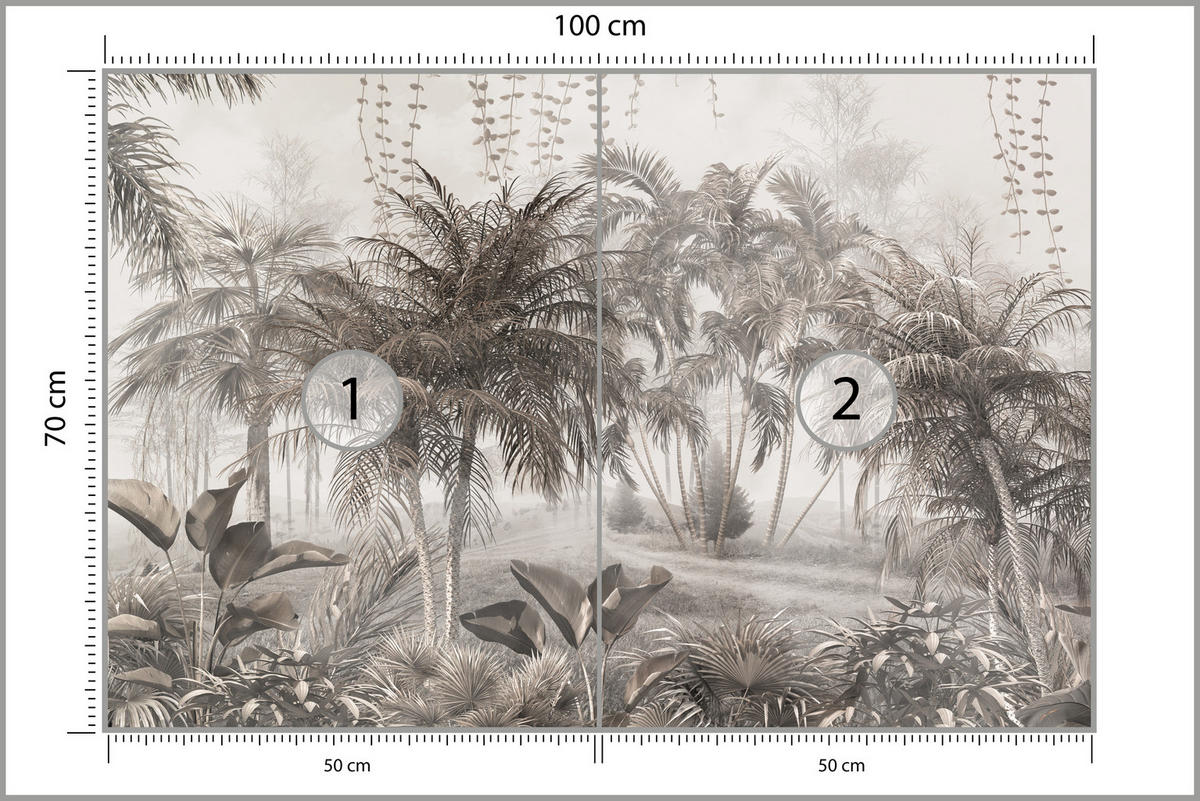 FOTOTAPETA Pre Kanceláriu Vintage Tropické Džungľa Palmy Listy 100 x 70 cm - hnedá/sivá, papier (100/70cm) - Muralo