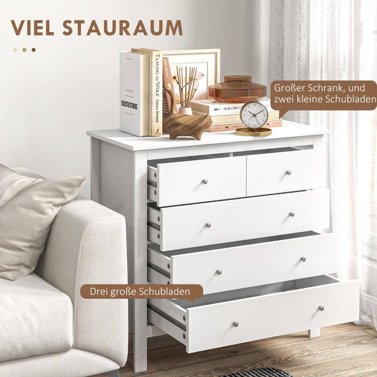 KOMMODE Weiß, 5 Schubladen, Holz, für Wohnraum - Weiß, Holz (79/80/39cm)