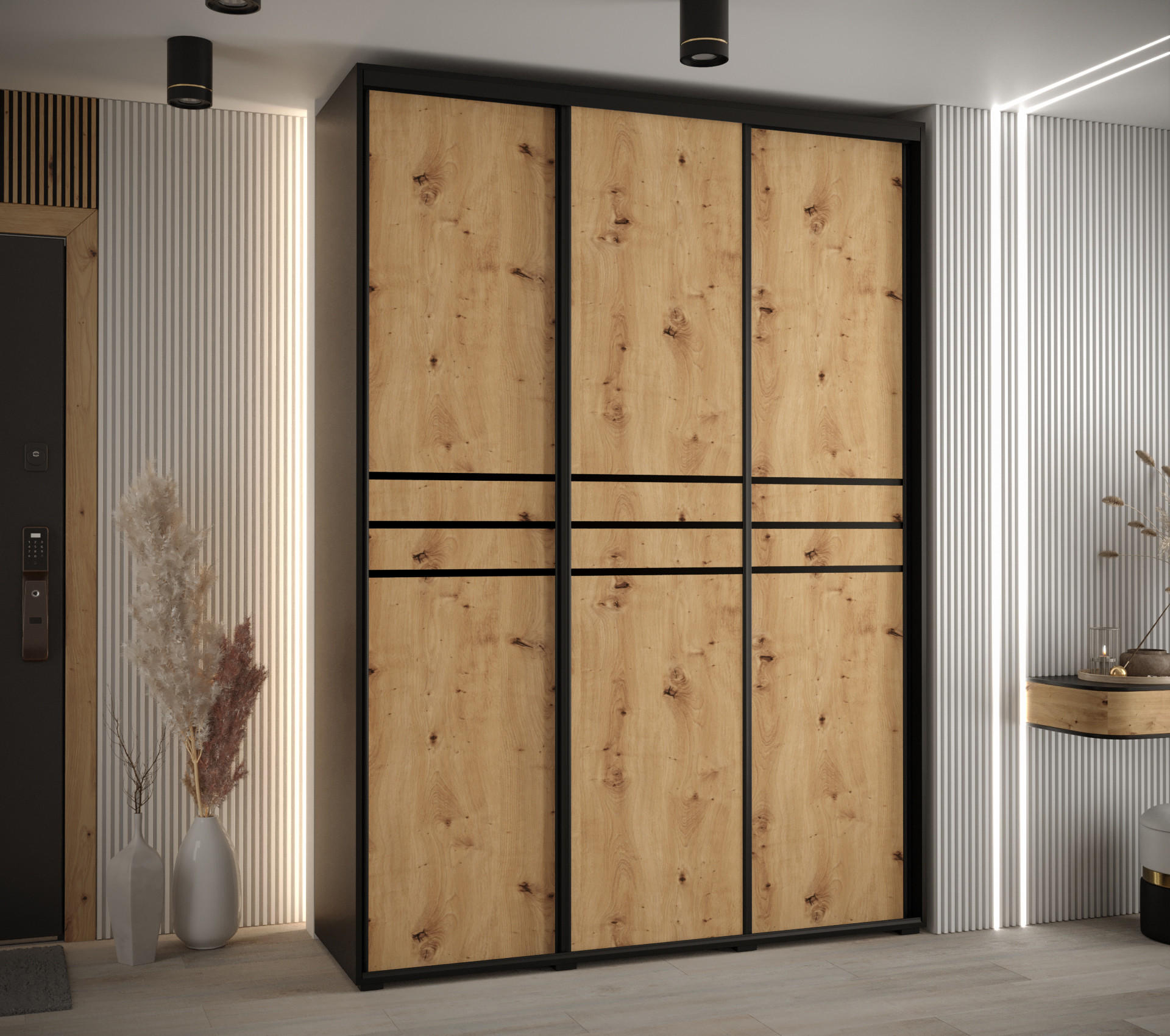 SCHWEBETÜRENSCHRANK 235,2/170/60 3-türig - Schwarz/Eiche Artisan, Holz/Metall (170/235/60cm) - Abiks Möbel