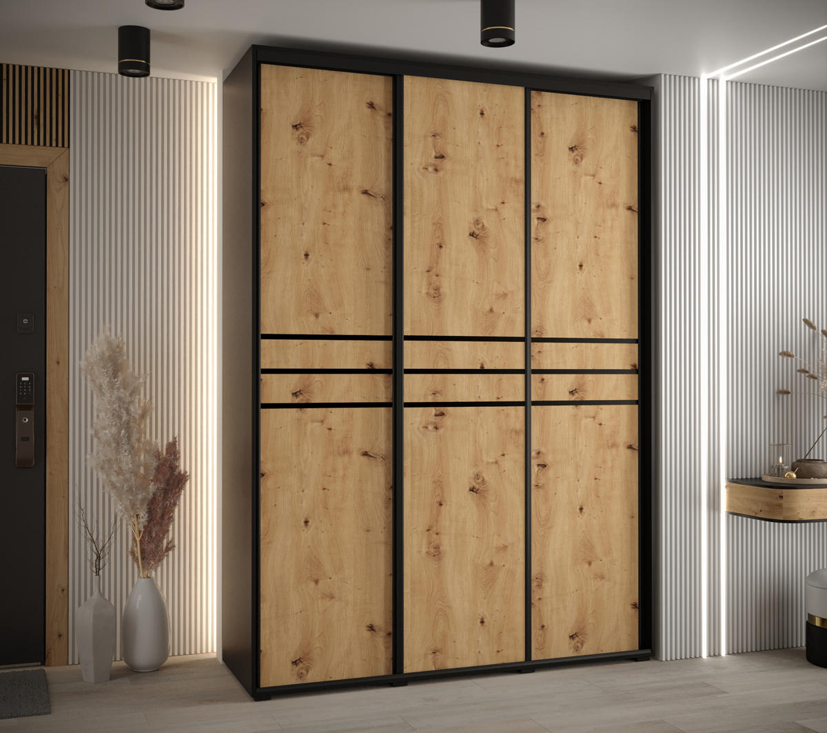 SCHWEBETÜRENSCHRANK 235,2/170/60 3-türig - Schwarz/Eiche Artisan, Holz/Metall (170/235/60cm) - Abiks Möbel
