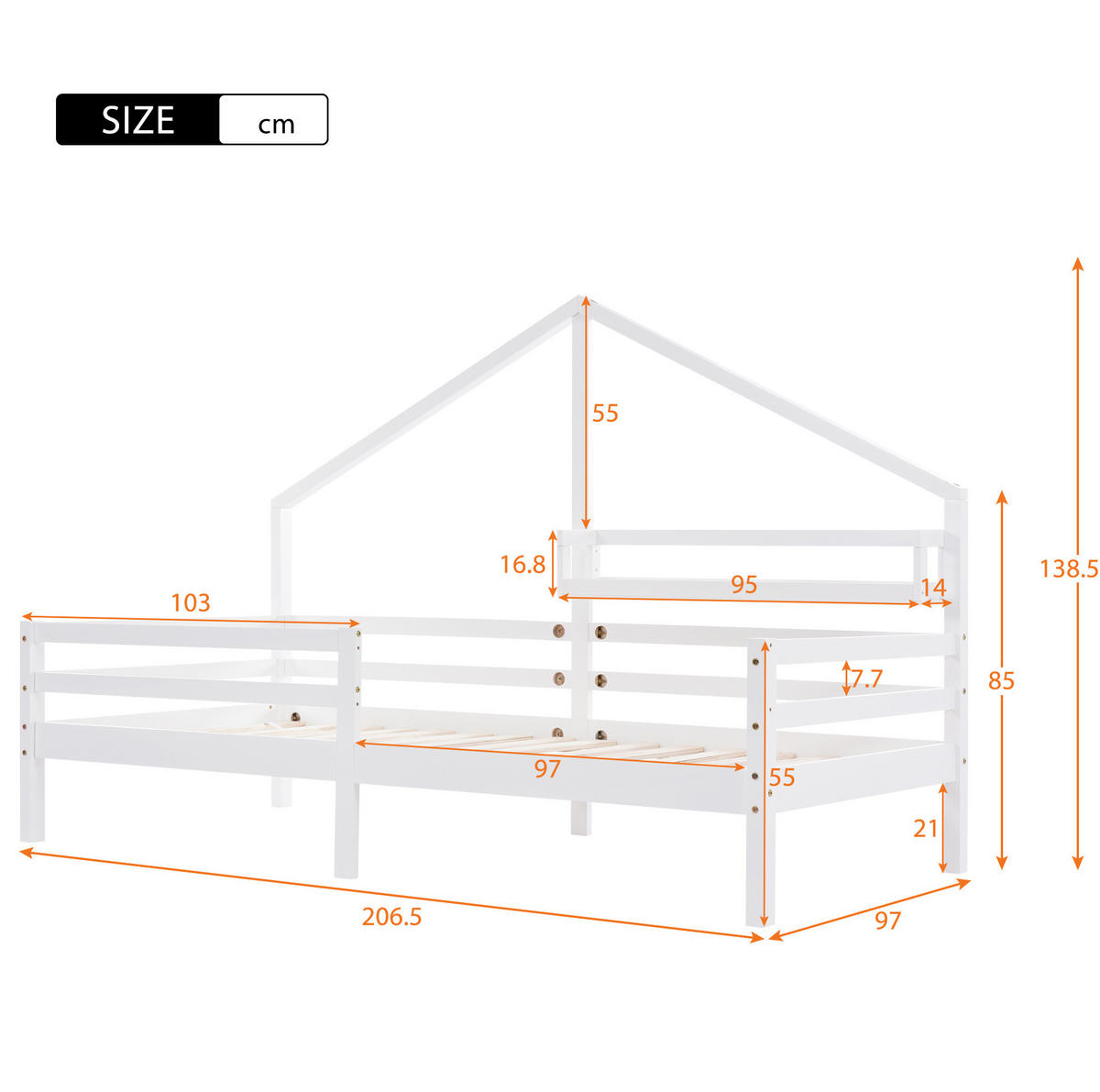 POSTELJA v obliki hiše 90/200 cm bela z zaščitno ograjo in zadnjo polico iz bora - bela, leseni material (90/200cm) - OKWISH