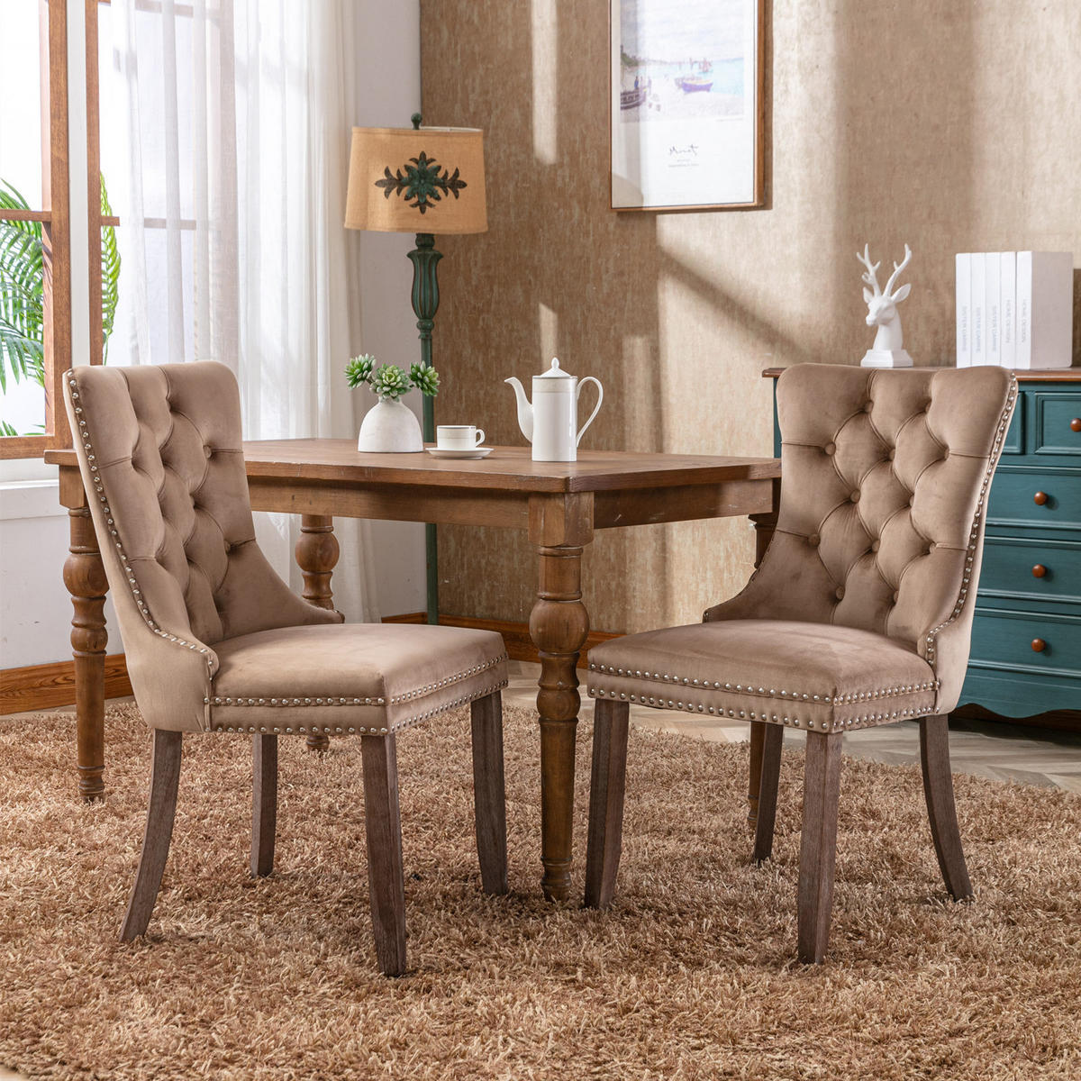 STUHL-SET DE-36286 2 Stück mit Ziernieten Khaki - Sandfarben, Holz (50/95/65cm) - ComfortXL