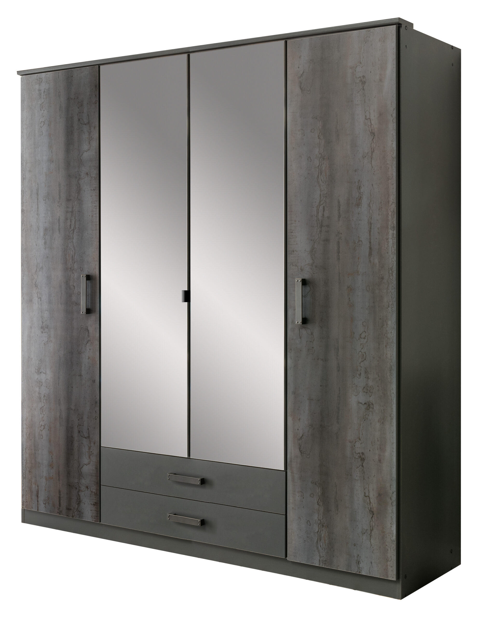 DREHTÜRENSCHRANK Duisburg in Grafit mit Digi-Steel-Optik 180x199x58 cm (BxHxT) – Kleiderschrank mit Spiegel 4 türig - Grau, Holzwerkstoff (80/200/120cm)