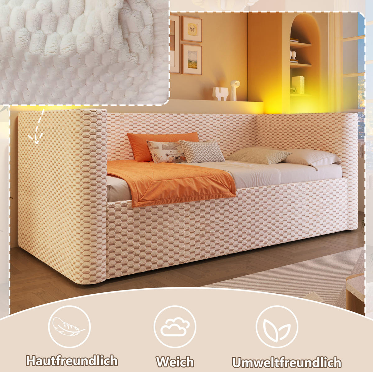 BETT 90/200 cm aus Samt in Beige mit LED-Beleuchtung und Stauraum - Beige, Textil (90/200cm) - Flora Grace
