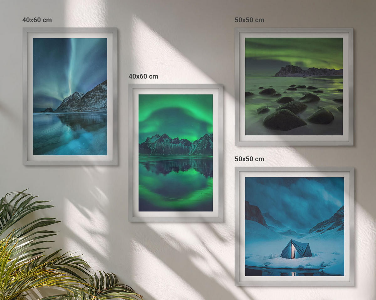 BILDER SET 4er Set - 50x50 cm & 40x60 cm Silberner Rahmen - Winterlandschaft mit Nordlichtern - Silberfarben, Kunststoff (50/50cm) - TULUP