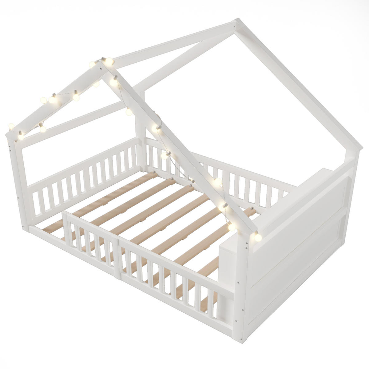 FLACHBETT 140x190cm Weiß Kiefer Kinderbett Gitter Hausleiste - Weiß, Holz (140/190cm) - FLIEKS