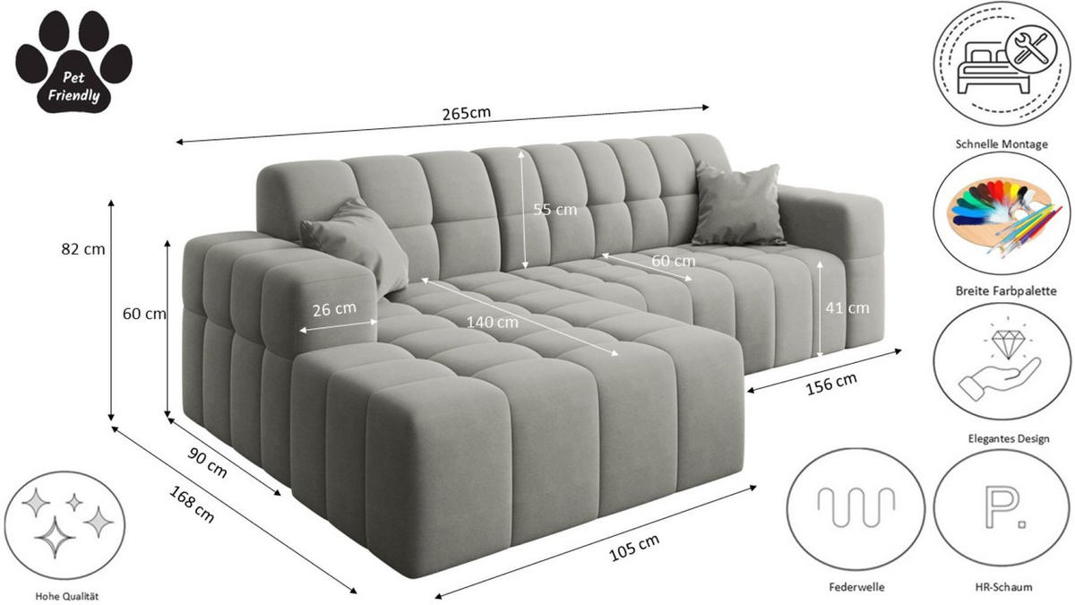 ECKSOFA L-förmiges Nimes Velours Stoff Grau Links - Grau, Holz/Kunststoff (168/265cm) - Kaiser Möbel