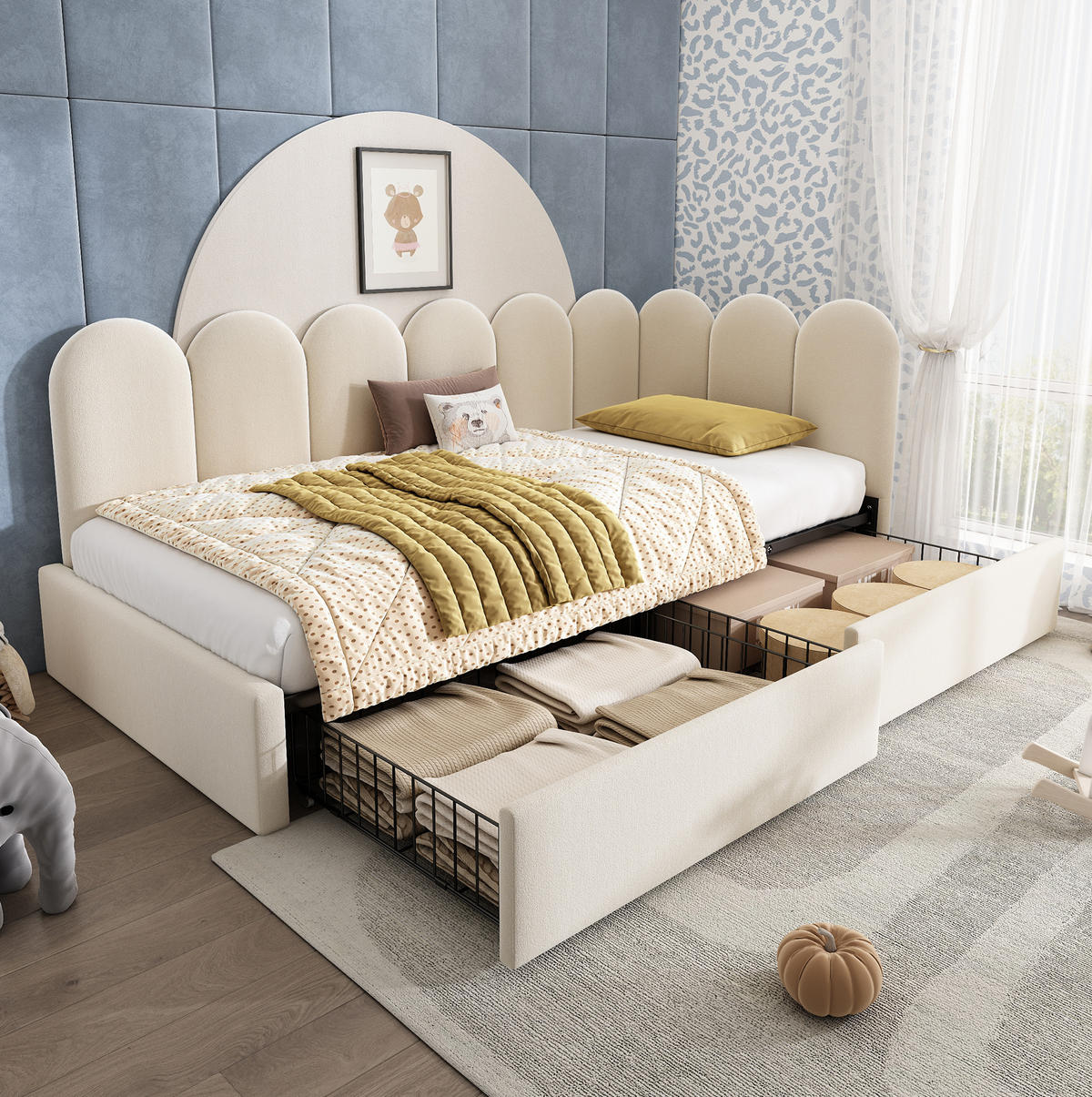 POLSTERBETT 90/200 cm in Beige mit 2 Schubladen und Samtbezug - Beige, Textil (90/200cm) - Flora Grace