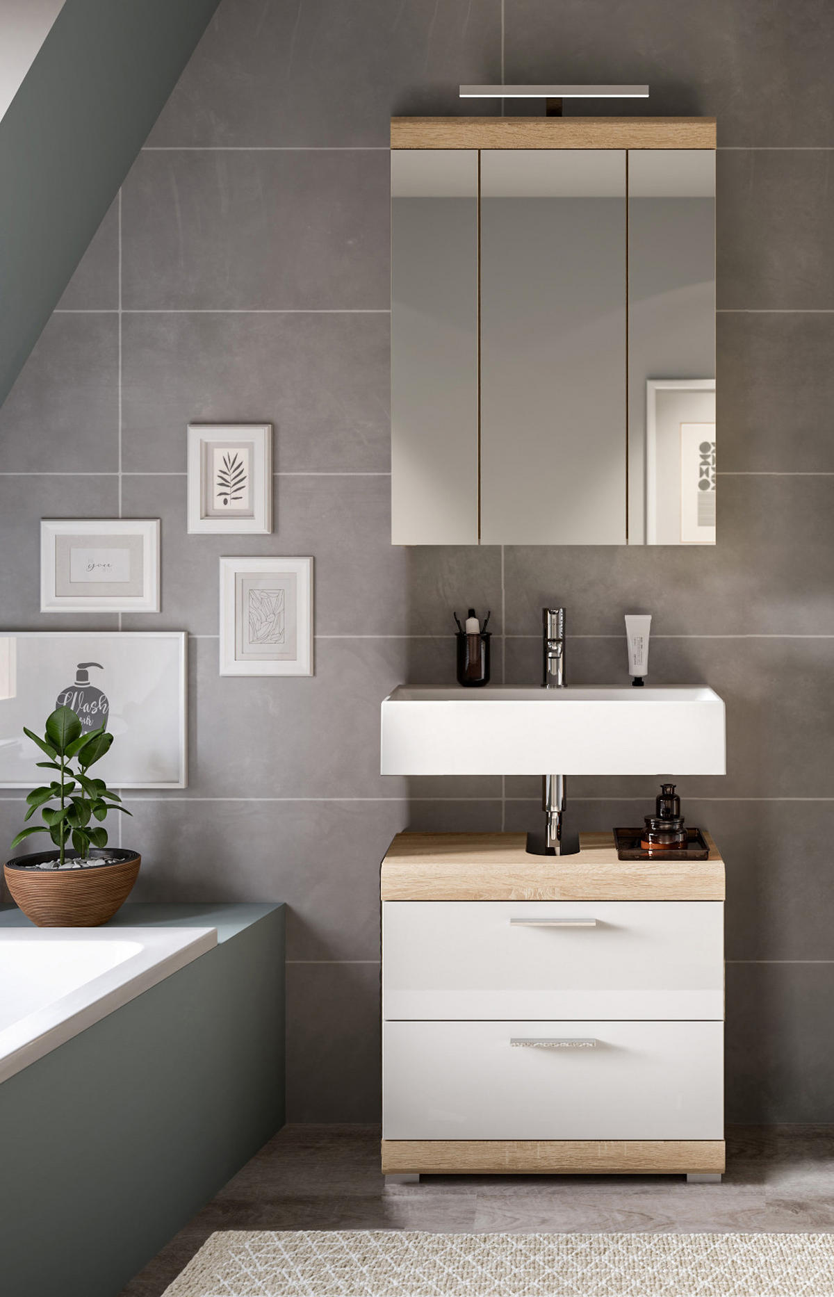 BADMÖBEL-SET weiß Hochglanz, Eiche 2-teilig 60 cm, Badezimmerschränke - Weiß Hochglanz/Eichefarben, Glas/Holzwerkstoff (60/191/37cm) - Inn.Furn