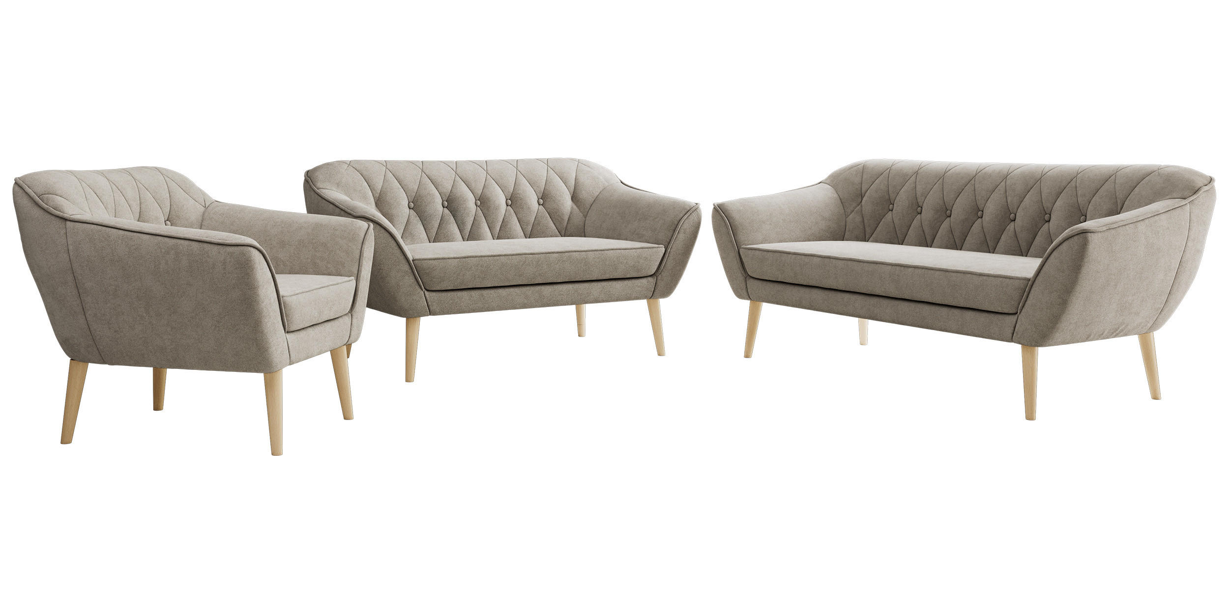 SEDACIA ZOSTAVA 3+2+1 PIRS - Sivobéžová Štruktúrovaná látka - Drevené nohy - farba buka/sivobéžová, kompozitné drevo/textil (180/75/74cm) - MKS