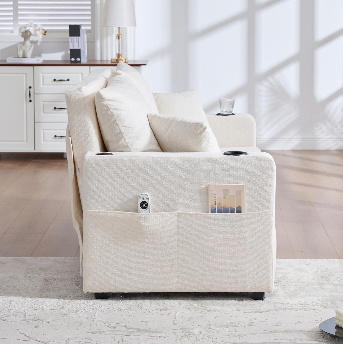 SCHLAFSOFA aus Chenille 139x83x58 cm Beige ausziehbar mit Aufbewahrungstasche und 4 Kissen - Beige, Textil (73/83/139cm) - Modfu