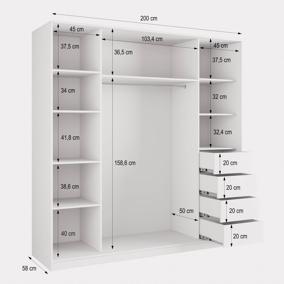 SCHWEBETÜRENSCHRANK PINA 200/205/58 cm 3-türig mit Spiegel und 4 Schubladen Titanfarben - Titanfarben, Holzwerkstoff (200/205/58cm) - MASSENO