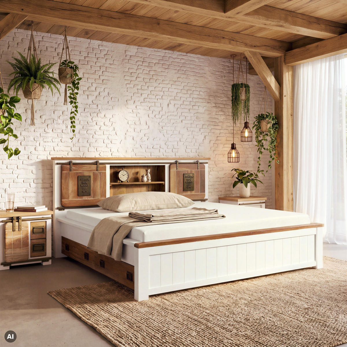 BETT mit Schublade Massivholz Mango 180 x 200 x 107 weiß RAILWAY #572 - Weiß, Holz (180/200cm) - Massivmoebel24