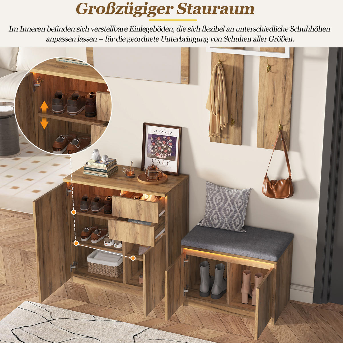 GARDEROBE 130x35x124.5cm mit Spiegel, LED und Schuhbank - Naturfarben, Holzwerkstoff (130/124.5/35cm) - FLIEKS