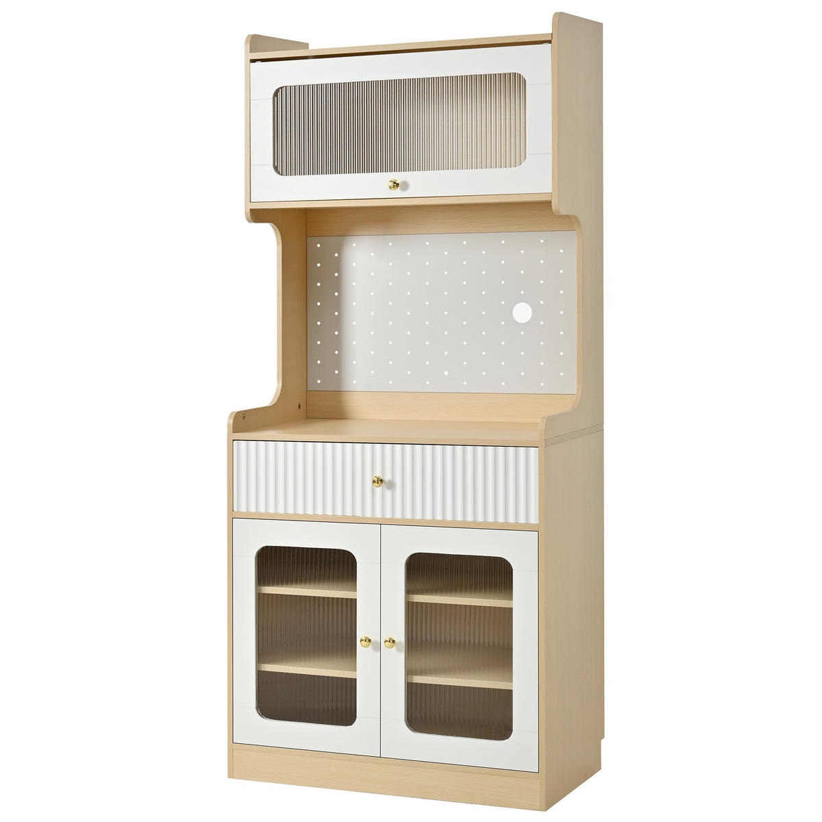 KÜCHENSCHRANK mit LED und Riffelglas 80 x 40 x 180 cm Natur/Weiß - Braun, Holzwerkstoff (40/180/80cm) - Meubliv