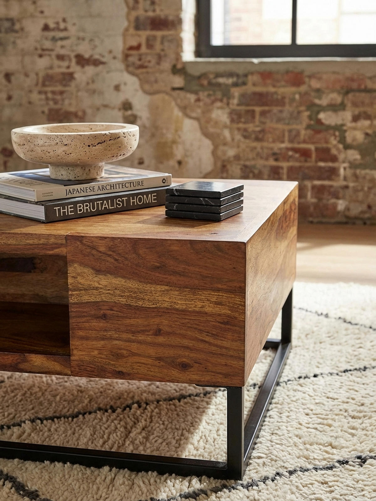 COUCHTISCH in Sheeshamholz mit Staufach, 60x60x34,5 cm, Industrial-Design - Schwarz/Braun, Holz/Metall (60/60/35cm) - KADIMA DESIGN