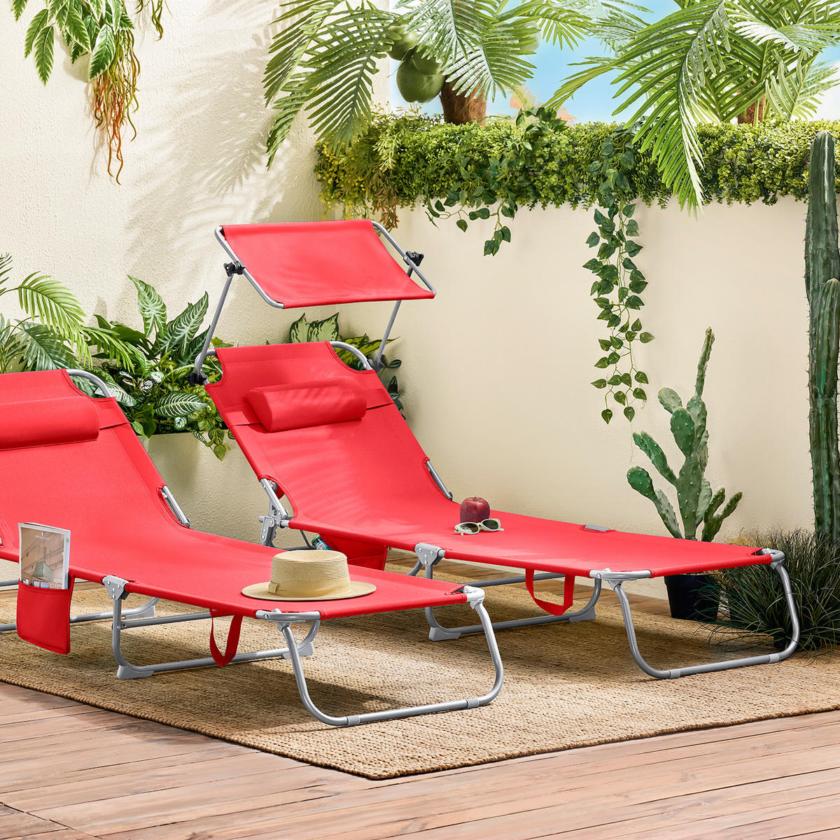SONNENLIEGE 2er Set Rot - Rot, Textil/Metall (195/90/63cm) - SoBuy