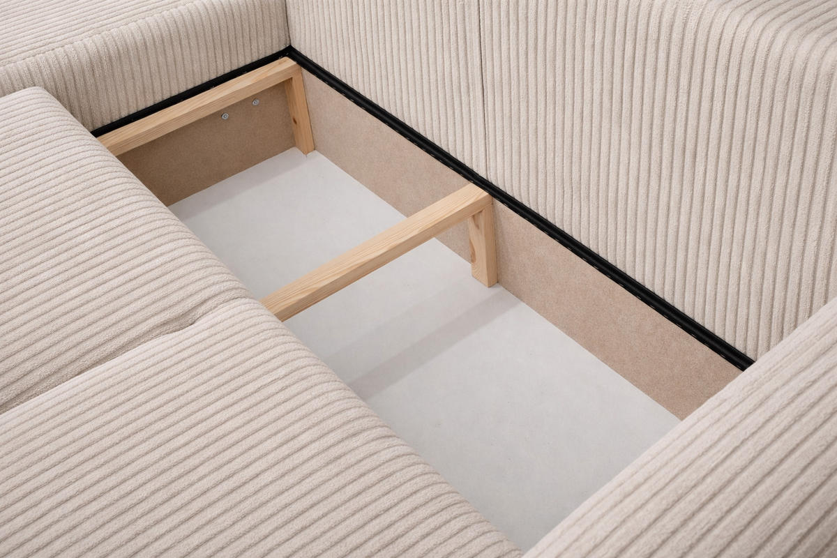 ECKSOFA Mit Schlaffunktion Und Bettkasten, Sofa L-Form Bingo L, Cordstoff Poso, Beige, Links - Beige, Holz (250/142cm) - Kaiser Möbel