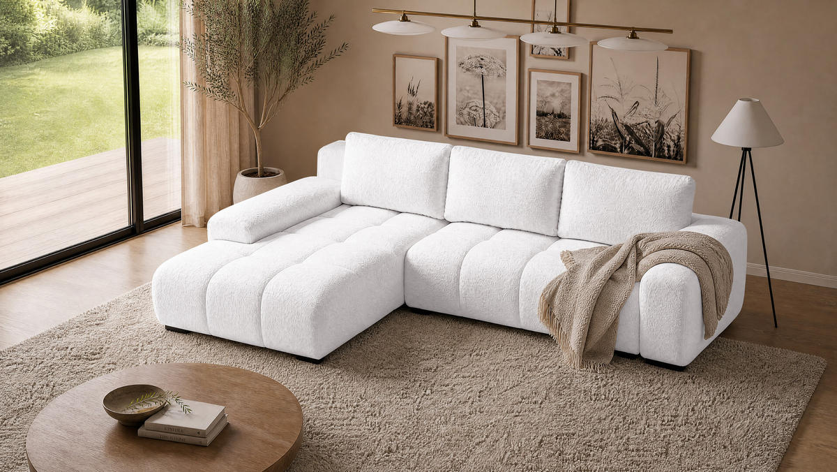 ECKSOFA Ovia mit Bettkasten und Schlaffunktion, Bouclé-Stoff in L-Form - Weiß, Textil (270/185cm)