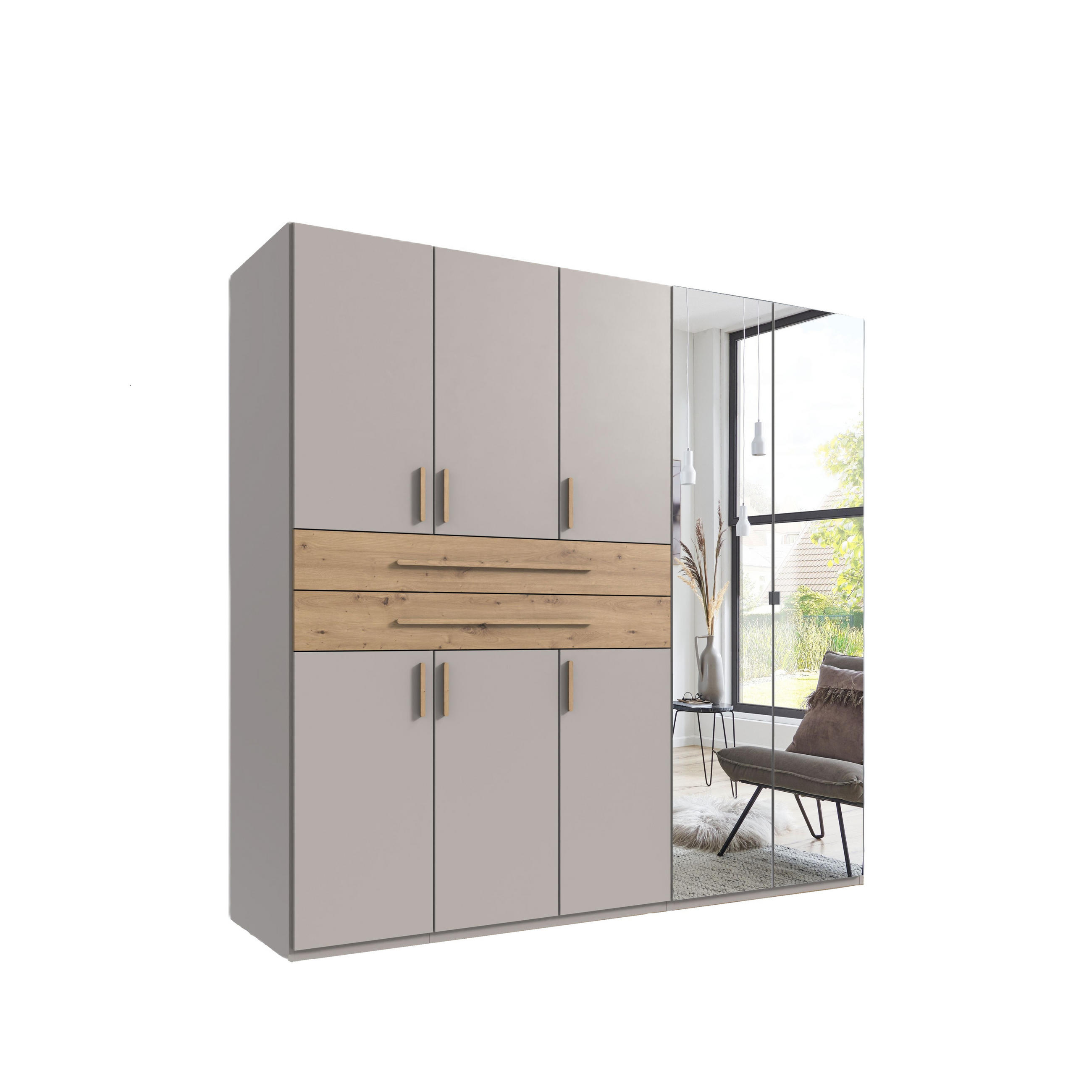 luma-home SKŘÍŇ S OTOČNÝMI DVEŘMI B225/H208/T58 cm, béžovo-šedá, šatní skříň se 2 zrcadlovými dveřmi, 2 zásuvkami a úchytkami v dekoru dub Artisan / 2