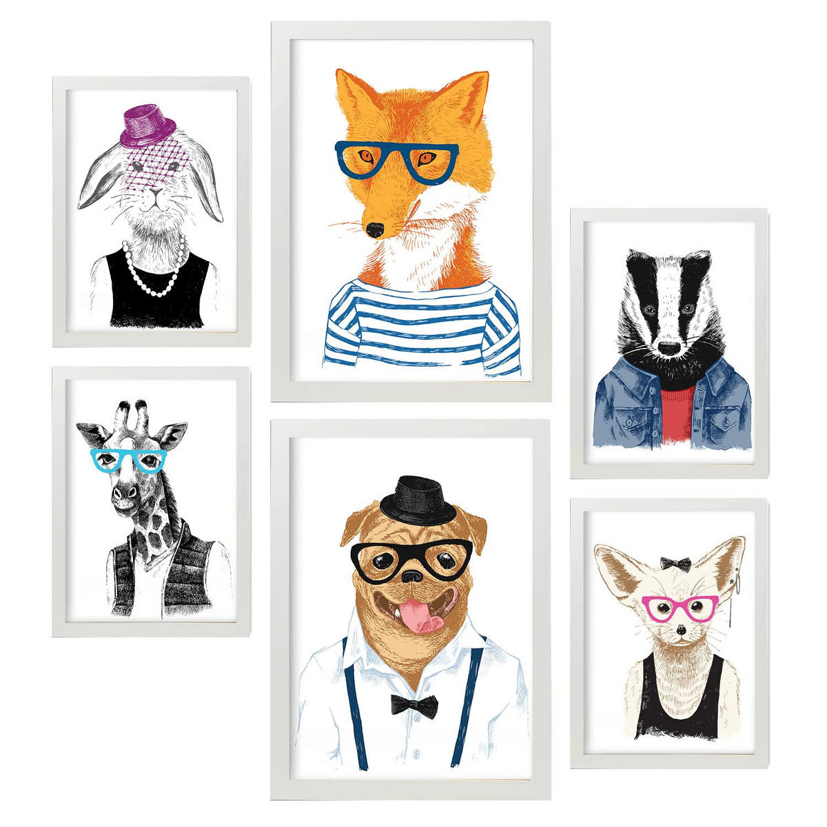 POSTER Set Mit 6 Tiere 2 Größe A3 & A4 Weißer Rahmen - Weiß, Papier (29.7/1cm) - Nacnic