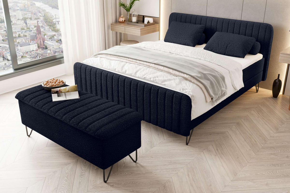 BOXSPRINGBETT LUCIO mit Hocker Bouclé-Stoff Dunkelblau 160/200 cm - Schwarz/Dunkelblau, Textil/Metall (160/200cm) - 99rooms