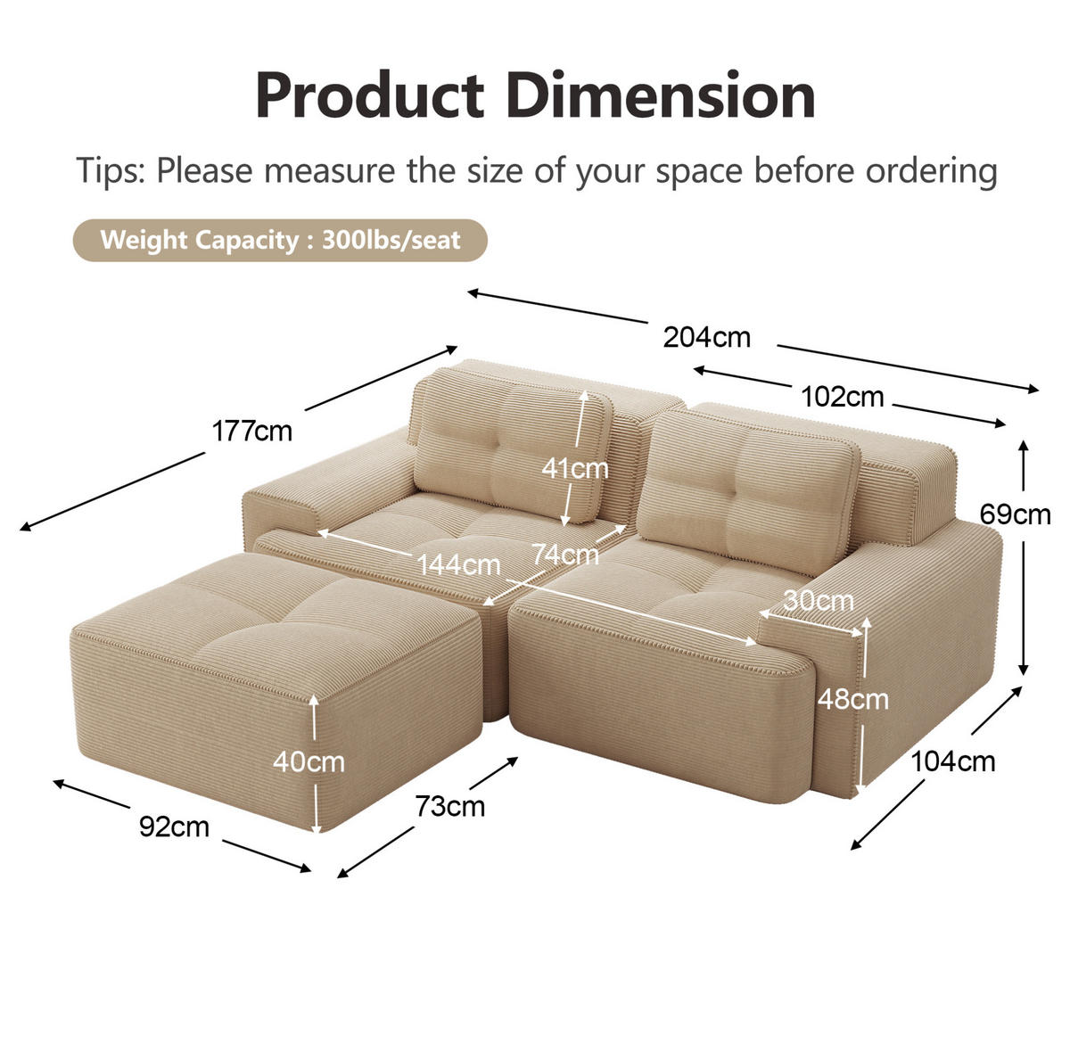 ECKSOFA aus Cord in Beige mit Tiefsitz & boneless Design - Beige, Textil (177/204cm) - Modfu