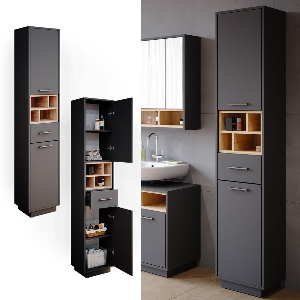 BADSCHRANK Beatrice Anthrazit 38 x 190 cm - Anthrazit/Sonoma Eiche, Holzwerkstoff (38/190/30cm) - Vicco