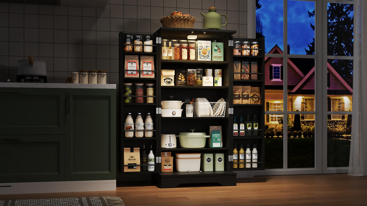 MODERNER Hochschrank aus MDF mit 3D-Wellentüren, LED-Sensorlicht und verstellbaren Regalböden, 120/60/40 cm, Schwarz - Schwarz, Holzwerkstoff (60/120/40cm) - Redom