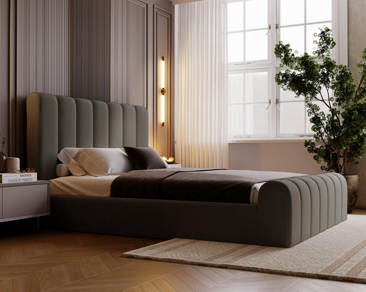 DOPPELBETT 180x200 Valetta mit Bettkasten, Velvet Dunkelgrau - Dunkelgrau, Holz/Textil (180/200cm) - Emporius