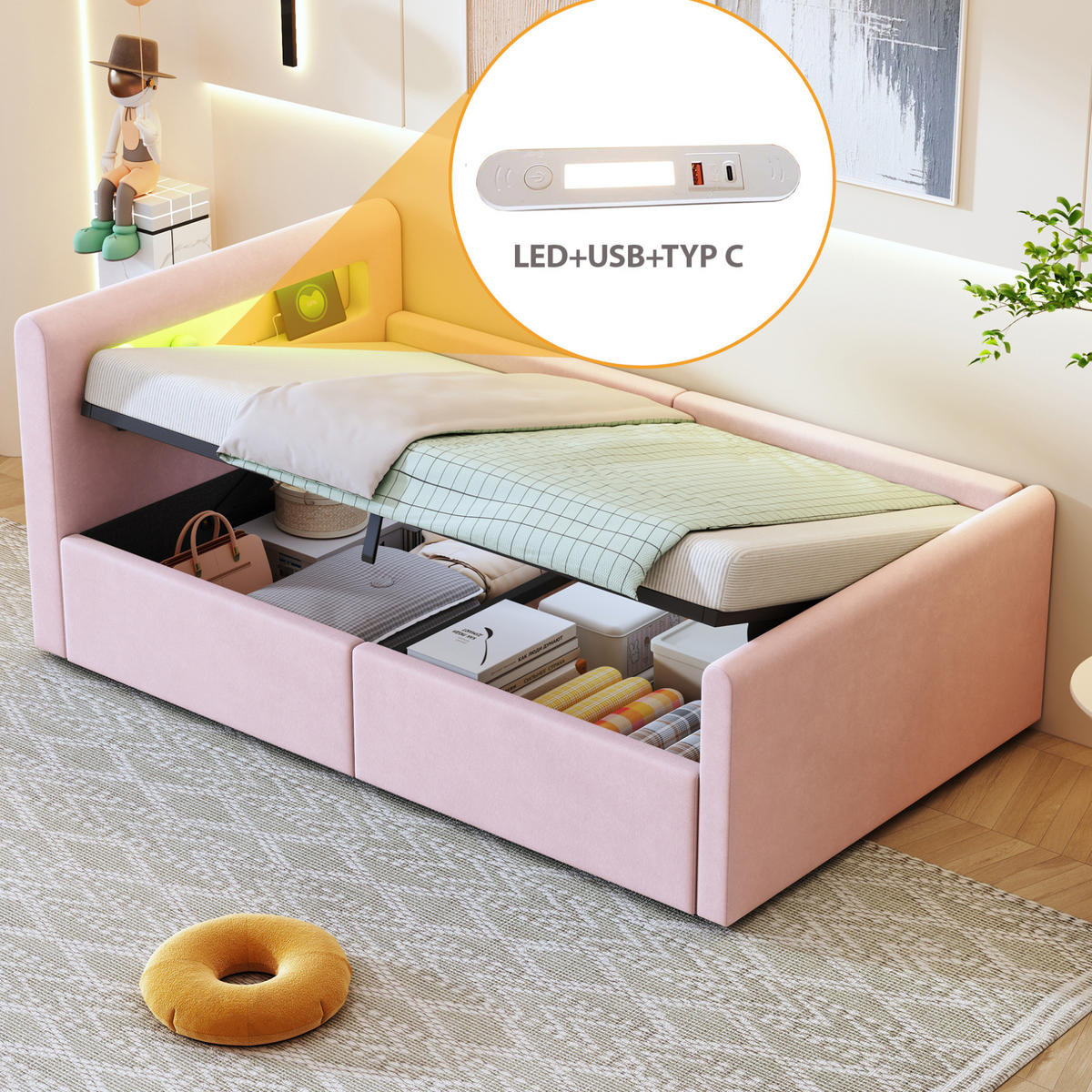 SAMT-POLSTERBETT 90/200 cm mit LED-Beleuchtung, Bettkasten und gepolstertem Kopfteil - Rosa, Textil (90/200cm) - BEAOK