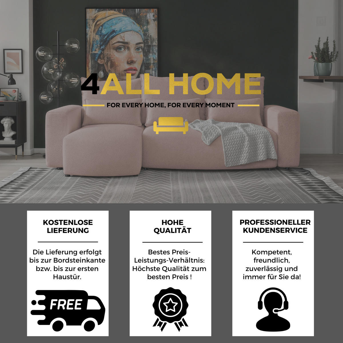 ECKSOFA Travis mit Bettkasten und Schlaffunktion, L-Form, Boucle, Universal - Altrosa, Holzwerkstoff (248/148cm) - 4ALL HOME