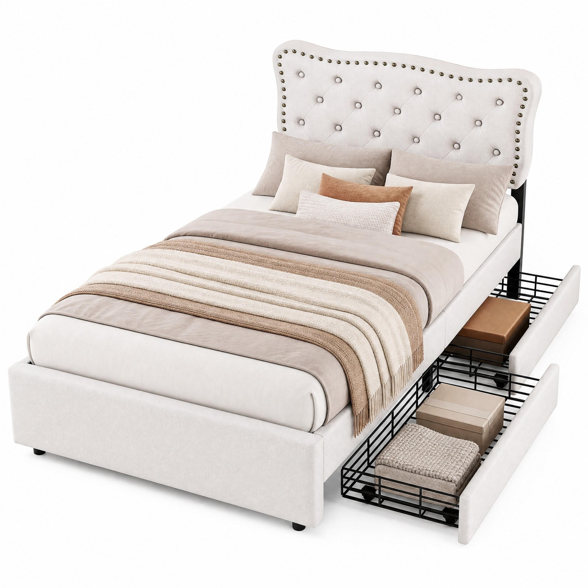 POLSTERBETT 90/200 mit 2 Schubladen und verstellbarem Kopfteil in Hellbeige - Weiß, Holzwerkstoff/Textil (90/200cm) - EVRYAE