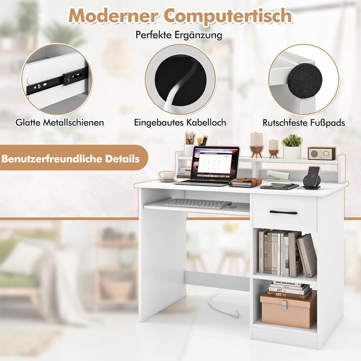 DATORBORD vitt - Vit, Träbaserade material (55/105/89cm) - COSTWAY