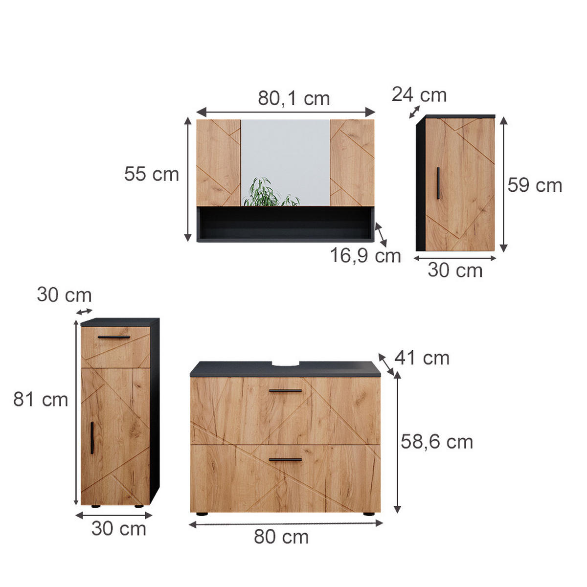 BADMÖBEL-SET Irma Goldkraft Eiche/Anthrazit 4 Teile - Honigeiche/Anthrazit, Holzwerkstoff (80/58.6/41cm) - Vicco